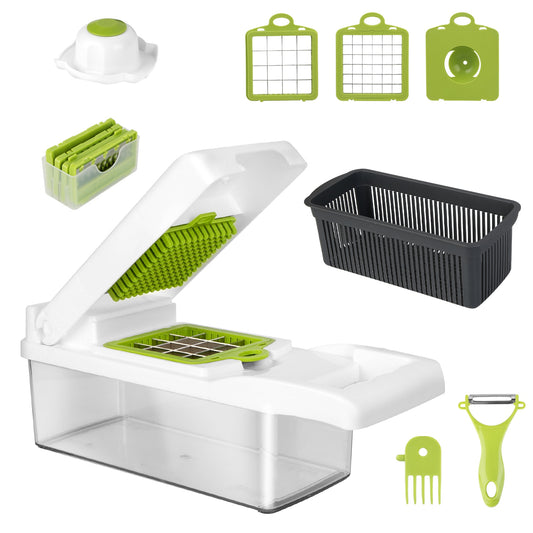 12-in-1 Vegetable Chopper & Slicer with Container – Multifunction Food Dicer, Grater, Peeler & Kitchen Cutter Tool