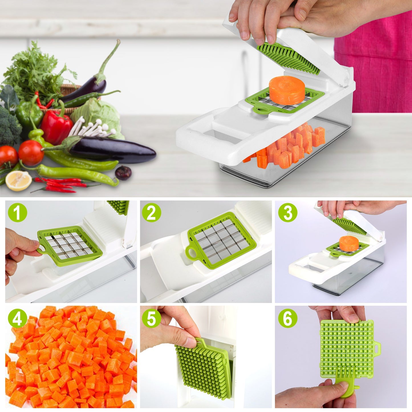 12-in-1 Vegetable Chopper & Slicer with Container – Multifunction Food Dicer, Grater, Peeler & Kitchen Cutter Tool