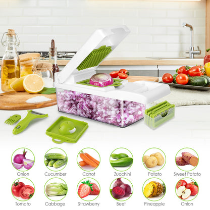 12-in-1 Vegetable Chopper & Slicer with Container – Multifunction Food Dicer, Grater, Peeler & Kitchen Cutter Tool