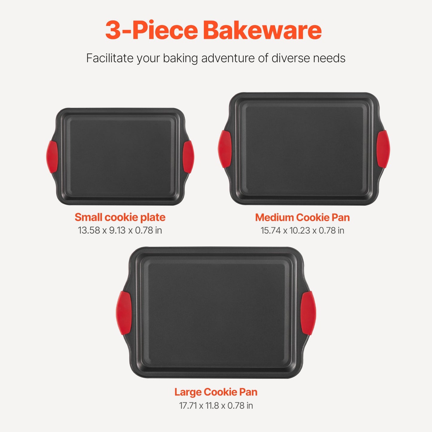 3-Piece Nonstick Baking Pan Set Carbon Steel Bakeware | Silicone Handle Cake Molds | Durable Oven Baking Trays for Cakes, Pizza & Desserts