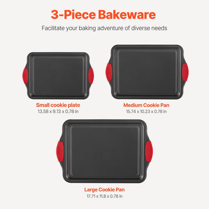 3-Piece Nonstick Baking Pan Set Carbon Steel Bakeware | Silicone Handle Cake Molds | Durable Oven Baking Trays for Cakes, Pizza & Desserts