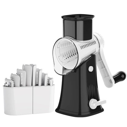 5-in-1 Rotary Vegetable Cutter – Hand Crank Cheese Grater, Potato Slicer, Vegetable Chopper with Interchangeable Blades & Strong Suction Base