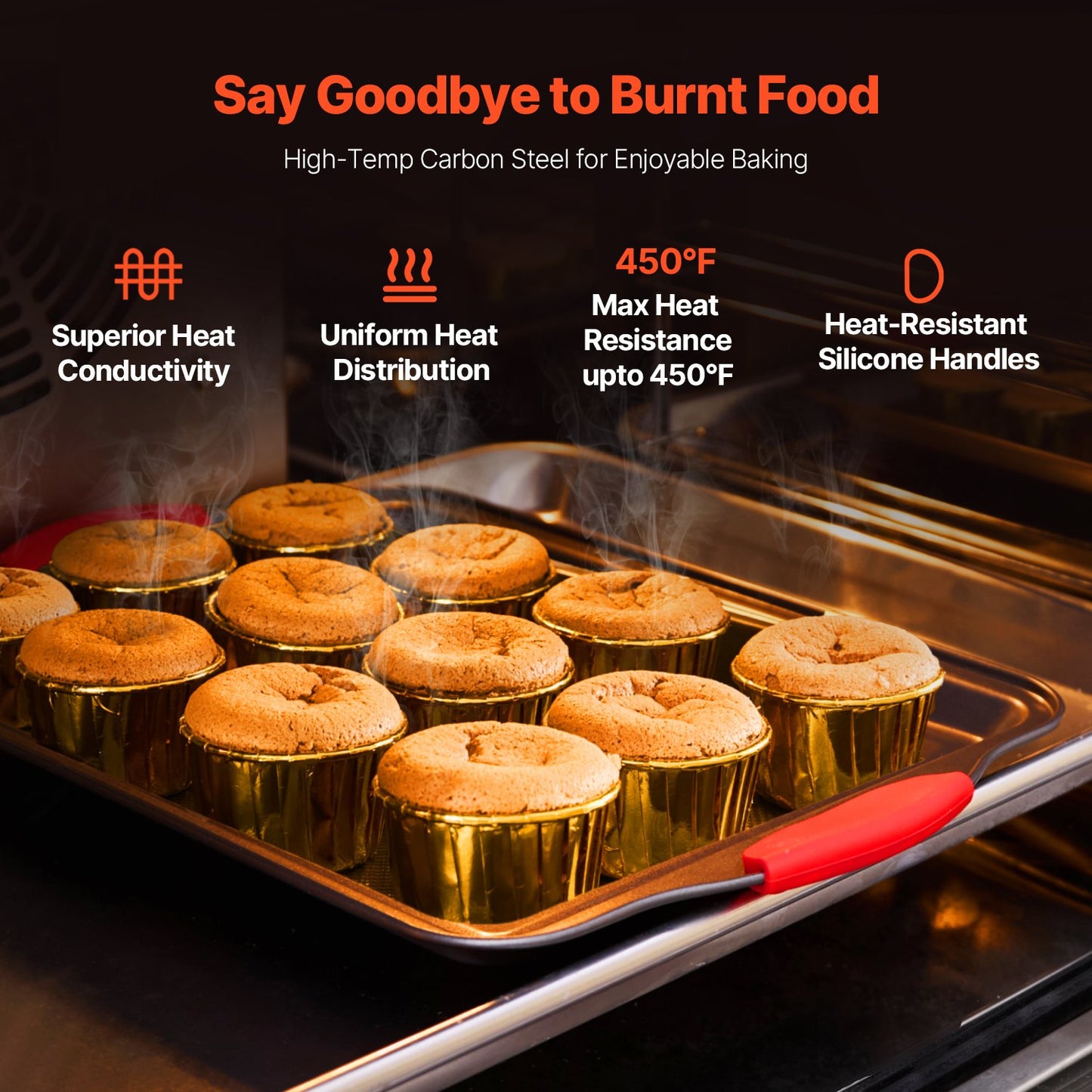 3-Piece Nonstick Baking Pan Set Carbon Steel Bakeware | Silicone Handle Cake Molds | Durable Oven Baking Trays for Cakes, Pizza & Desserts