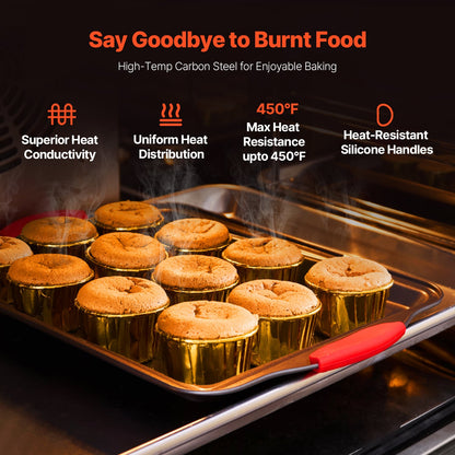 3-Piece Nonstick Baking Pan Set Carbon Steel Bakeware | Silicone Handle Cake Molds | Durable Oven Baking Trays for Cakes, Pizza & Desserts