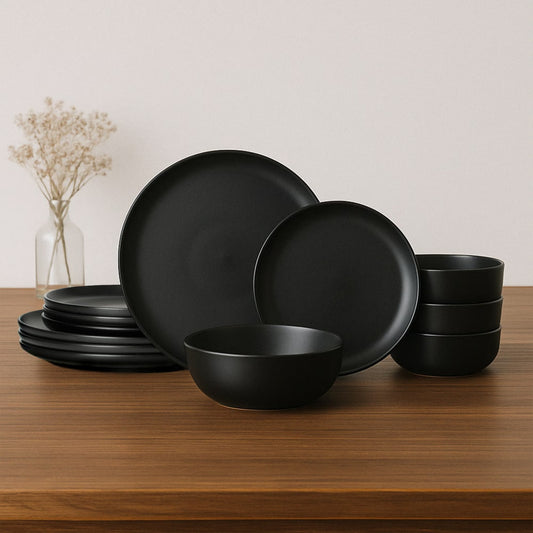 12-Piece Stoneware Dinnerware Set for 4 – Matte Black Plates & Bowls, Microwave & Dishwasher Safe