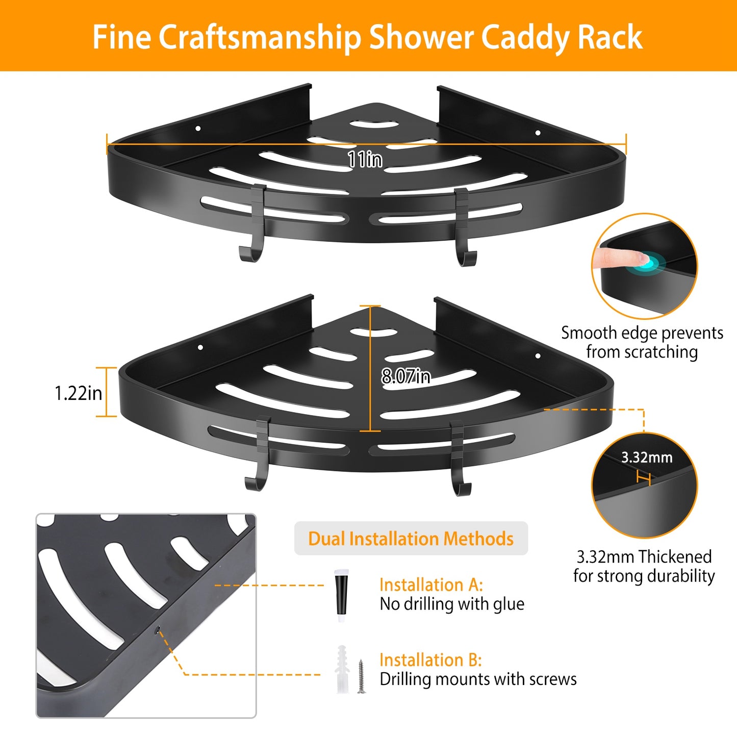 2-Pack Corner Shower Caddy Shelf – Adhesive Wall Mounted Aluminum Bathroom Storage Rack, Rustproof Organizer for Shower, Toilet, Kitchen & Dorm