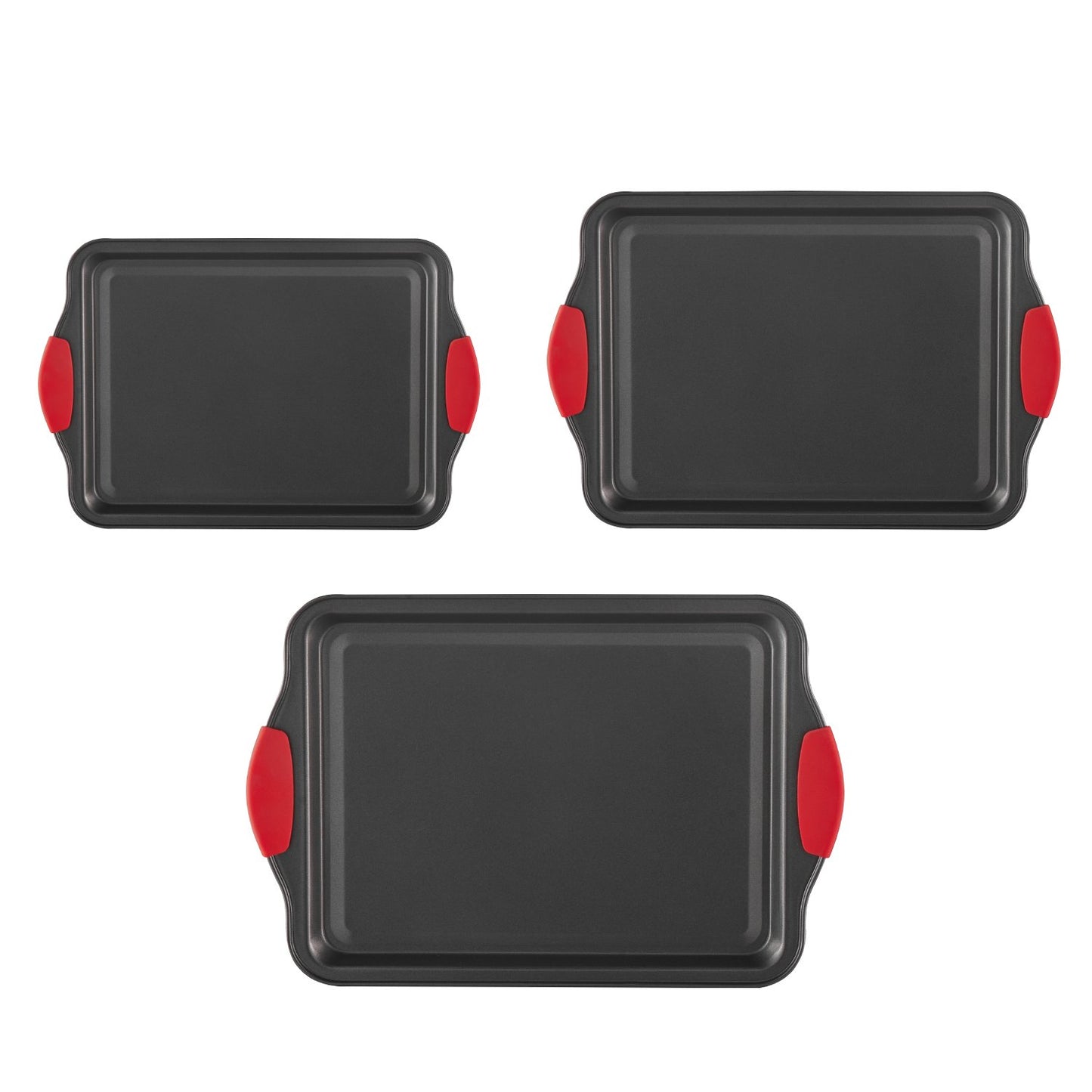 3-Piece Nonstick Baking Pan Set Carbon Steel Bakeware | Silicone Handle Cake Molds | Durable Oven Baking Trays for Cakes, Pizza & Desserts