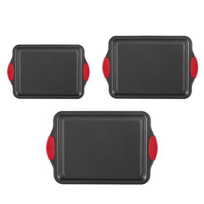 3-Piece Nonstick Baking Pan Set Carbon Steel Bakeware | Silicone Handle Cake Molds | Durable Oven Baking Trays for Cakes, Pizza & Desserts
