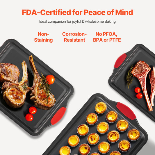 3-Piece Nonstick Baking Pan Set Carbon Steel Bakeware | Silicone Handle Cake Molds | Durable Oven Baking Trays for Cakes, Pizza & Desserts