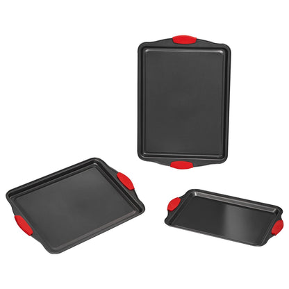 3-Piece Nonstick Baking Pan Set Carbon Steel Bakeware | Silicone Handle Cake Molds | Durable Oven Baking Trays for Cakes, Pizza & Desserts
