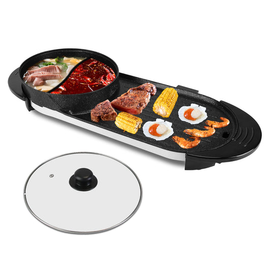 2200W 2-in-1 Electric Hot Pot & BBQ Grill Cooker | Smokeless Non-Stick Korean Shabu Shabu Grill | Independent Temperature Control | 5-Level Heat Settings | Perfect for 2–10 People